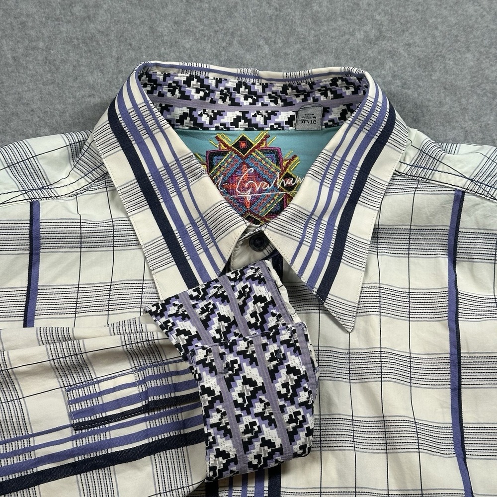 Robert Graham XL Norton Plaid Shirt Flip Cuff Embroidered Cotton Blue White NOTE